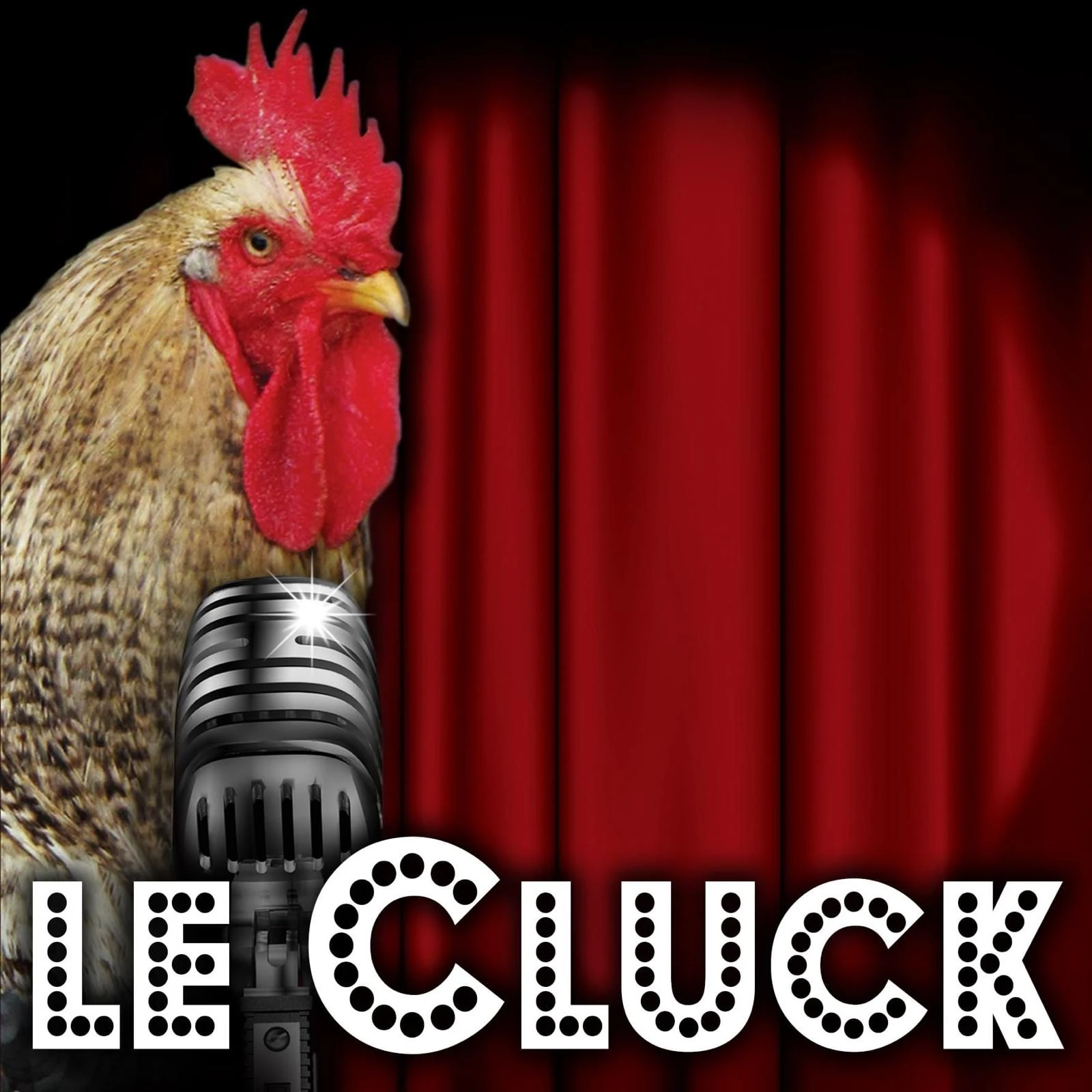 The Le Cluck rooster with a vintage microphone in front of red curtains